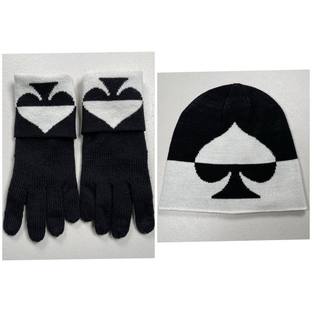 Kate Spade New York Beanie Hat + Gloves Black White Oversized Spade Wool Blend